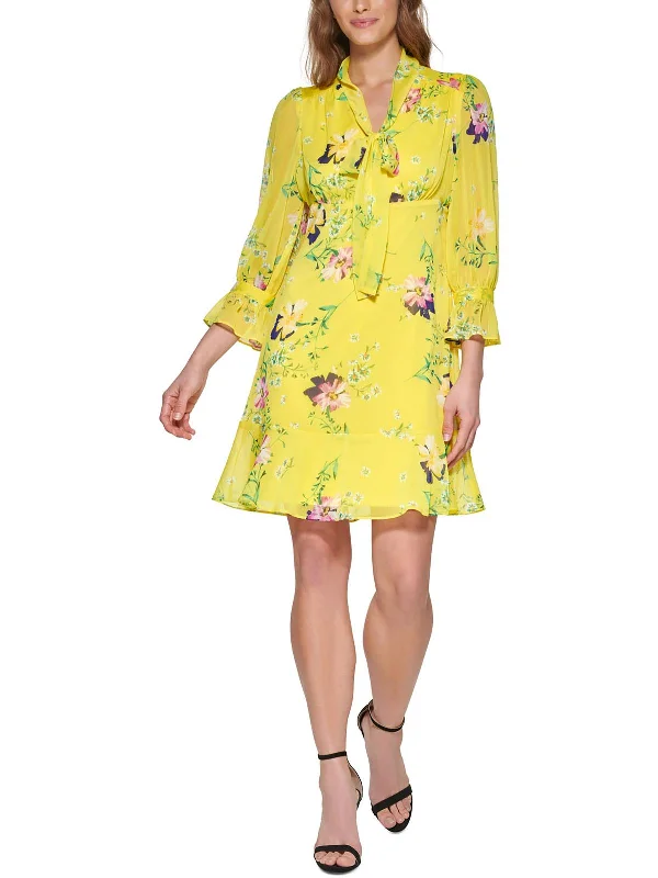 Womens Chiffon Floral Fit & Flare Dress