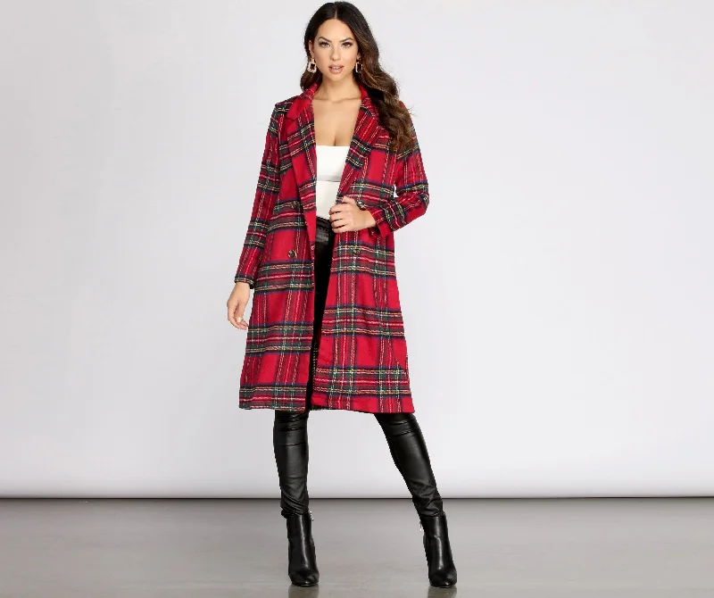 Royal Plaid Long Trench Coat