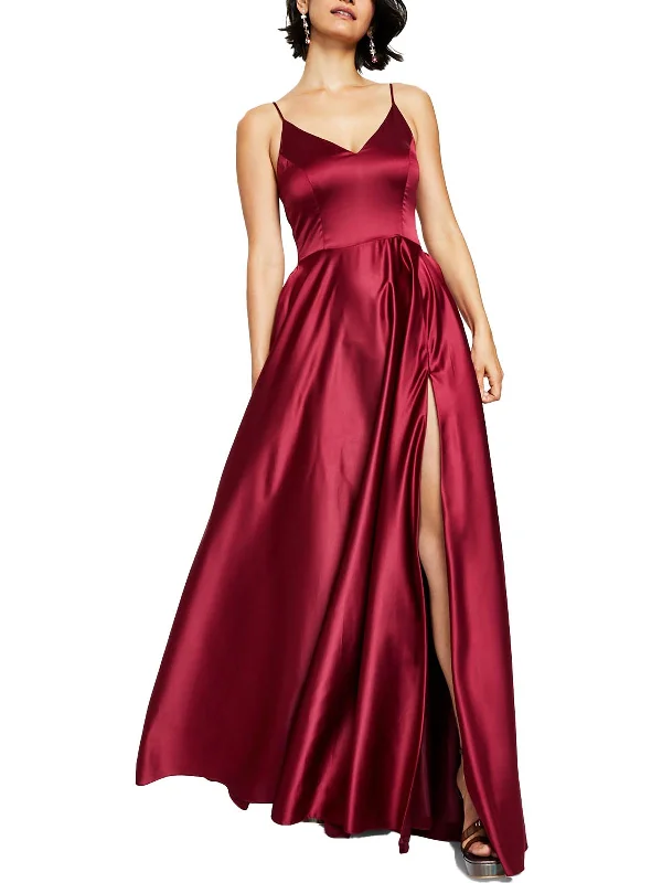 Juniors Womens Satin V-Neck Evening Dress