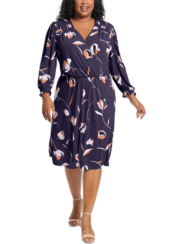 Plus Womens Floral Smocked Wrap Dress