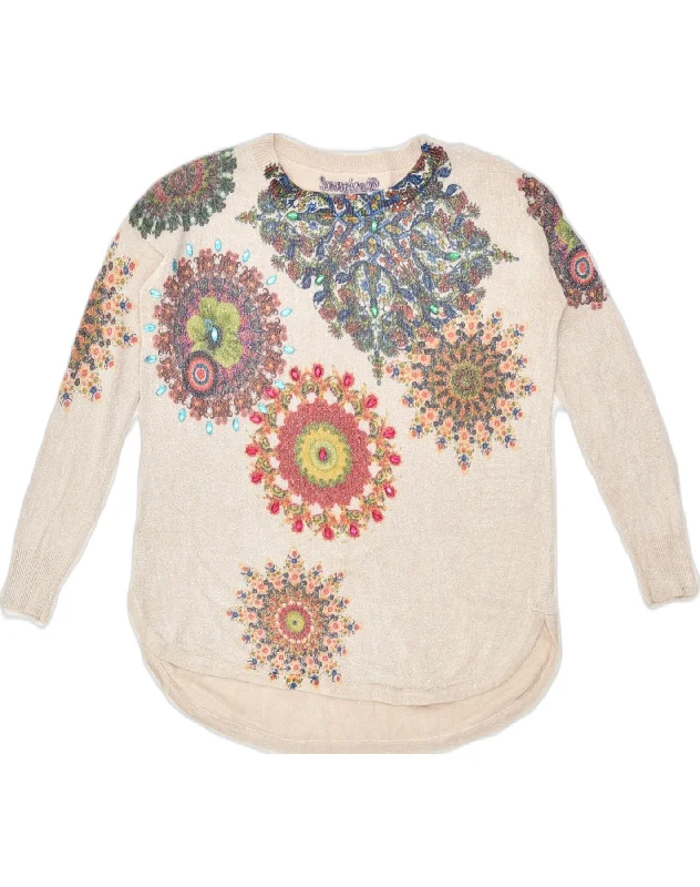 DESIGUAL Womens Boat Neck Jumper Sweater UK 10 Small Beige Floral Cotton